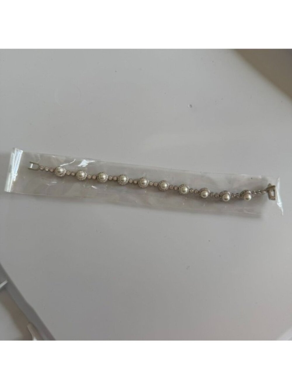 Silver Rhinestone Pearl Chain Link Bracelet NIB